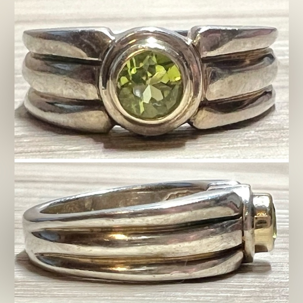 Vintage Designer Rigoberto Sterling Silver & 14k Gold Bezel Peridot Ring, Size 6